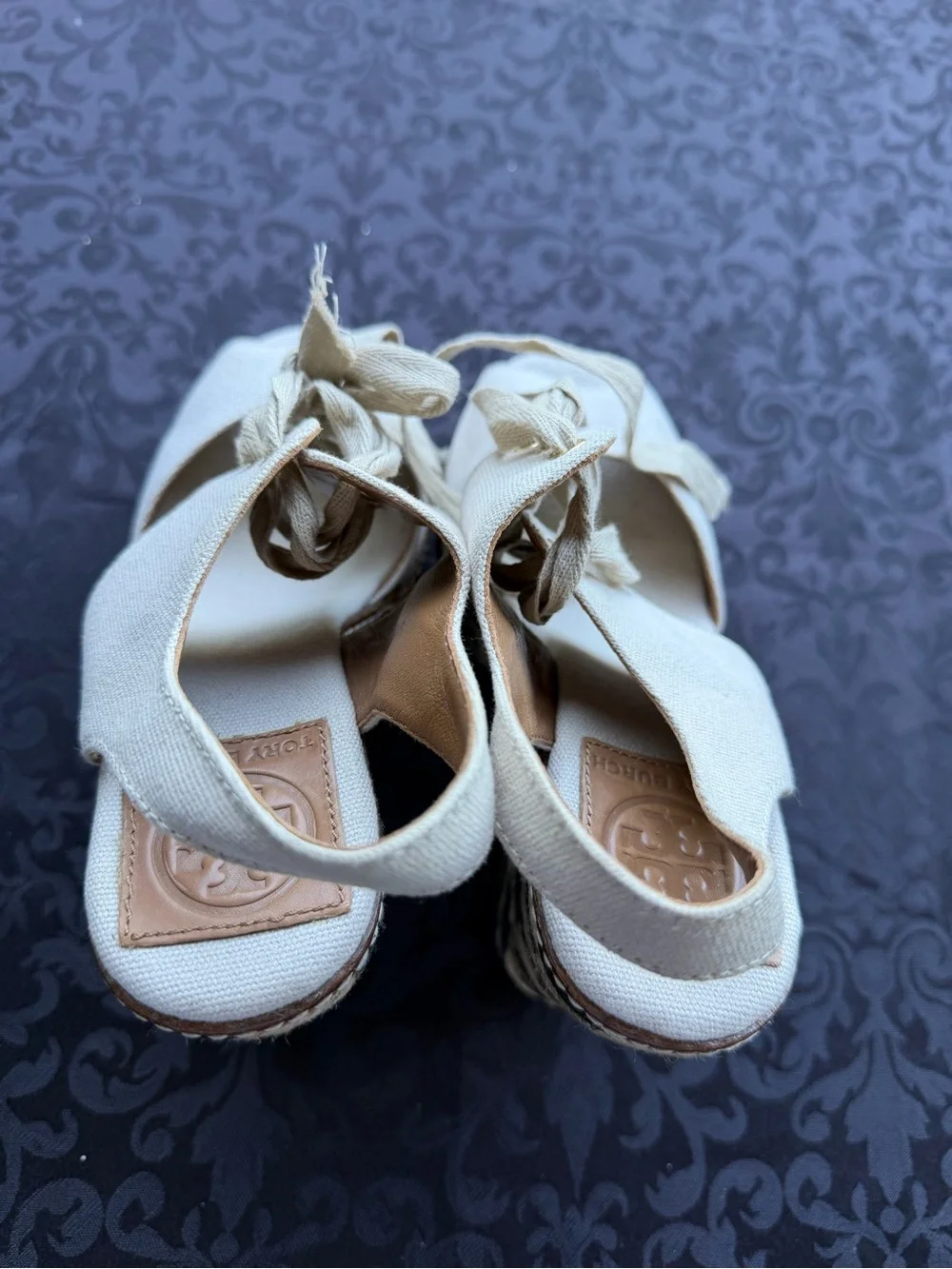 Tory Burch Linley High Wedge Espadrille Sandals Sz 6 Ivory Black Canvas Lace Up